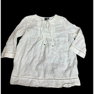 RAFAELLA White 100% Linen Embroidered 3/4 sleeve Tunic Top Large